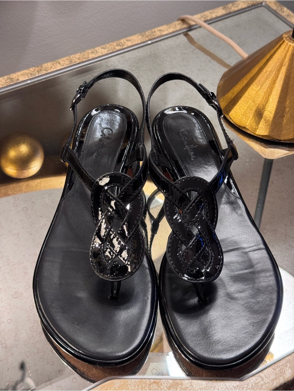 Cole Haan Black Patent Knotted Thong Sandals with Ankle Strap - Size 10